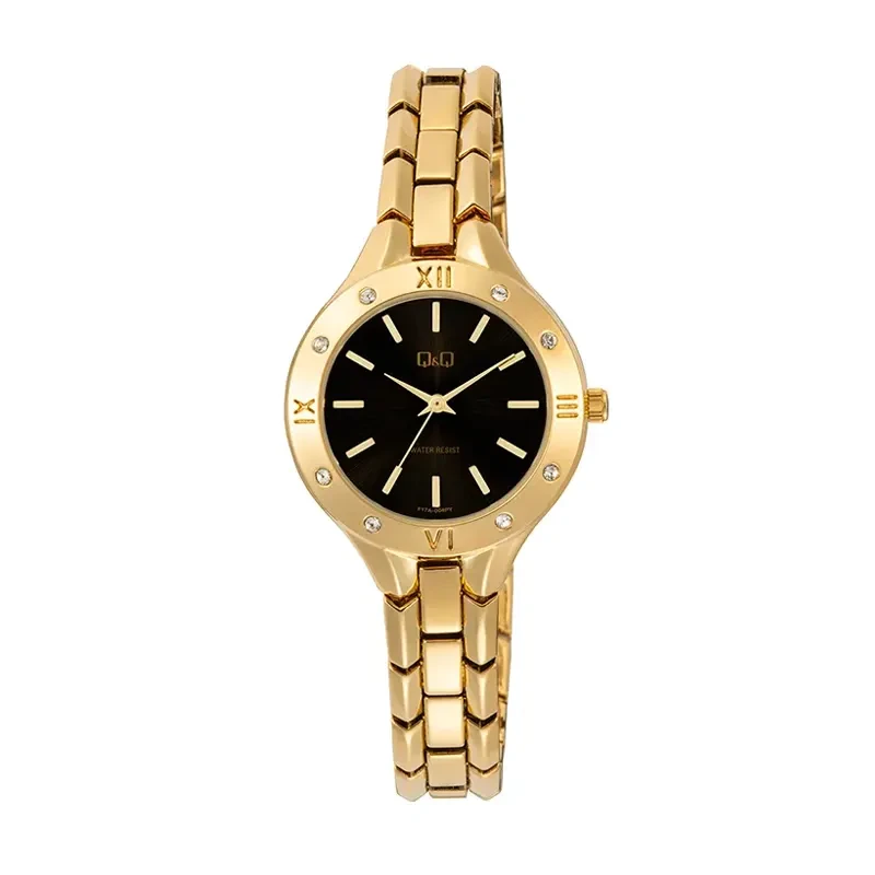 Q&Q Gold-Tone Black Dial Ladies Watch- F17A-004PY